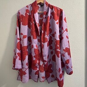 Ann Taylor Kimono Robe M/L‎ Lilac Red Floral Print Belted Duster Lightweight